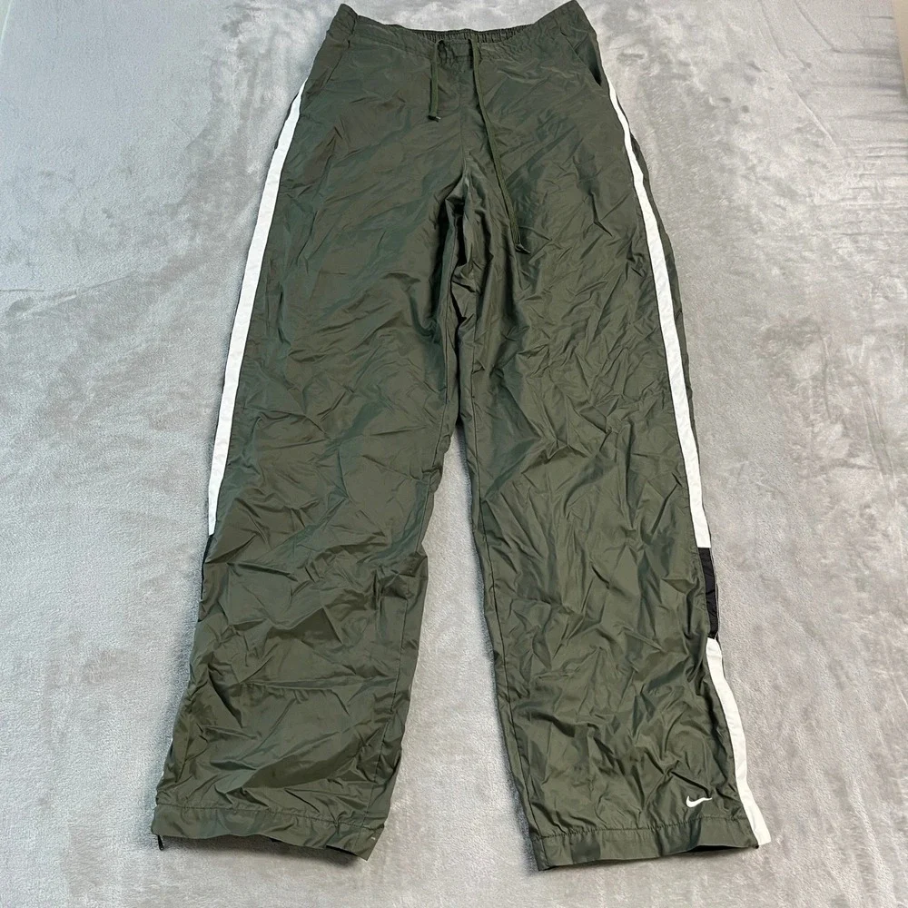 Vintage 90s Nike Baggy Track Pants Olive Green White Stripe Mesh Lined Womens M